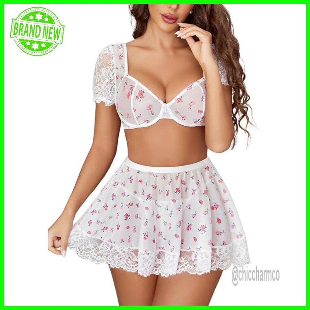 Sexy Mesh Lace Babydoll Lingerie Set 3 Piece with Puff Sleeves